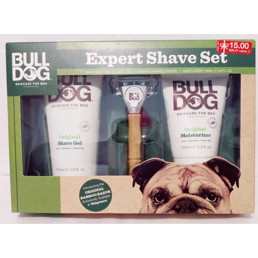 Bull Dog Expert Shave Set - Kit with Bamboo Razor, Shave Gel, & Moisturizer NEW